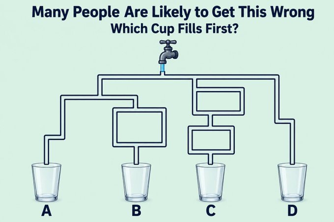 A puzzle titled 'Many People Are Likely to Get This Wrong - Which Cup Fills First?' shows a faucet connected to four cups labeled A, B, C, and D through a network of pipes.
