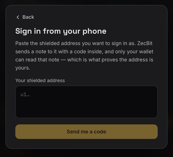 A sign-in screen titled 'Sign in from your phone' instructs the user to paste a shielded address, showing a text field with 'u1...' and a 'Send me a code' button.