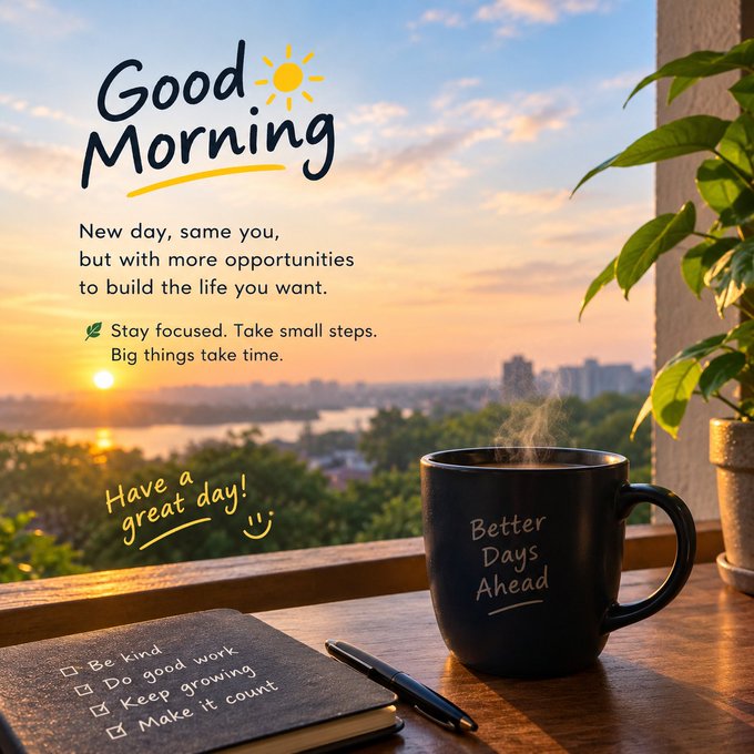 A 'Good Morning' motivational graphic featuring a sunrise balcony scene with a coffee mug labeled 'Better Days Ahead' and a to-do list including 'Be kind', 'Do good work', 'Keep growing', and 'Make it count'.