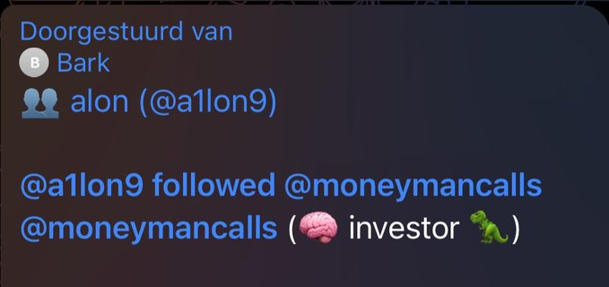A notification screenshot from Bark shows that user @a1lon9 followed @moneymancalls, who is labeled as an "🧠 investor 🦎," celebrating the new follow as recognition of becoming a "pump guy."
