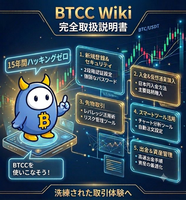 A promotional infographic for "BTCC Wiki 完全取扱説明書" (BTCC Wiki Complete Guide), featuring a blue Bitcoin-themed mascot and a trading chart, outlining five steps—account registration, deposits, futures trading, smart tools, and withdrawals—while highlighting "15年間ハッキングゼロ" (15 years with zero hacks) to encourage users to join "Hige Trading" through the Aohige referral link.