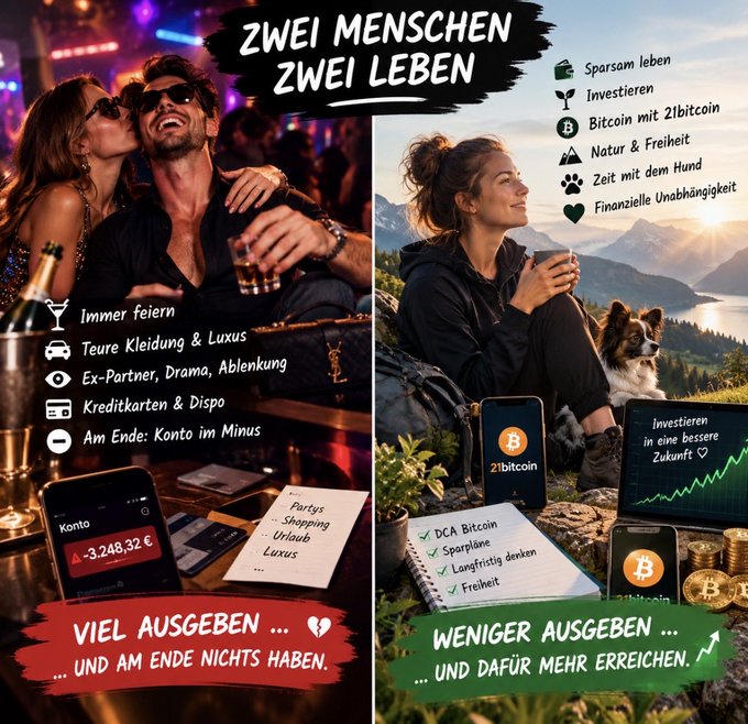 A German-language infographic titled 'ZWEI MENSCHEN ZWEI LEBEN' contrasting a party lifestyle ('VIEL AUSGEBEN') with a Bitcoin-investing lifestyle ('WENIGER AUSGEBEN'), featuring '21bitcoin' branding and text about 'Sparplan' and 'Investieren'.