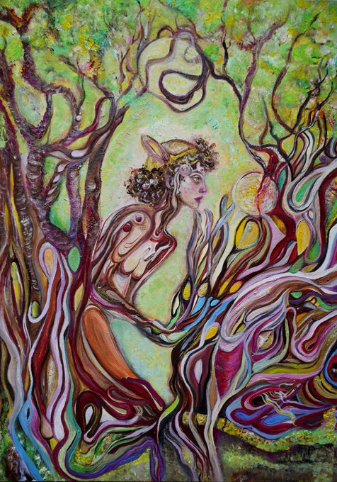 A colorful, surreal painting featuring a figure with horns surrounded by twisting tree-like forms in vibrant greens, purples, and oranges.