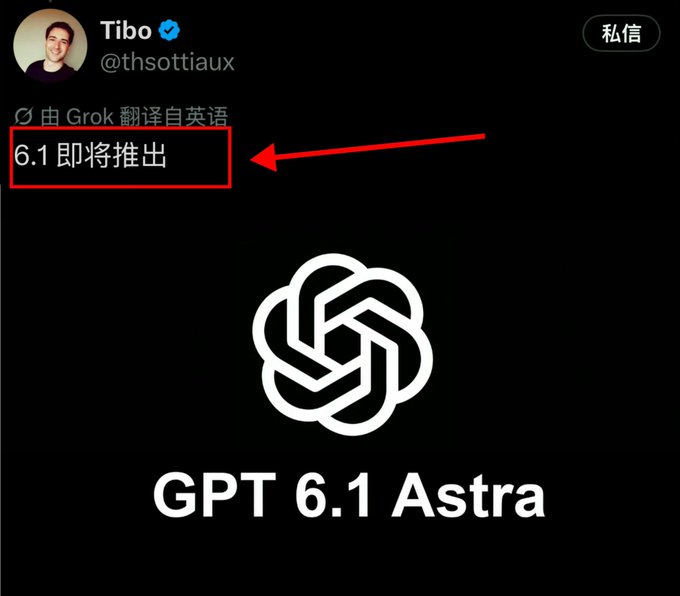 A tweet from Tibo (@thsottiaux) announcing "GPT 6.1 Astra" with a red box highlighting "6.1 即将推出" (6.1 coming soon).