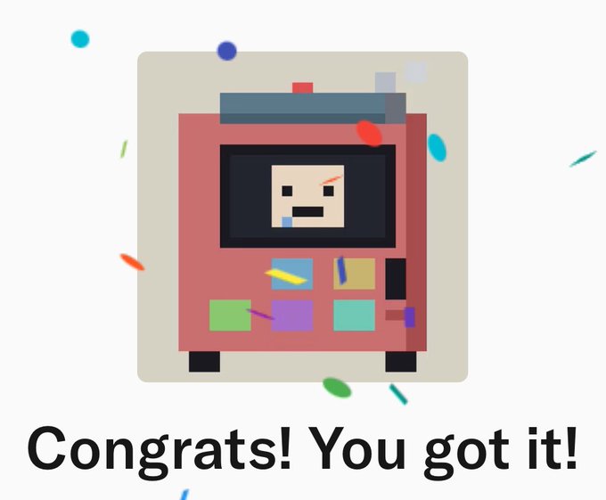 A digital illustration of a pink arcade claw machine with a pixelated character on its screen, surrounded by colorful confetti, with the text 'Congrats! You got it!' displayed below.