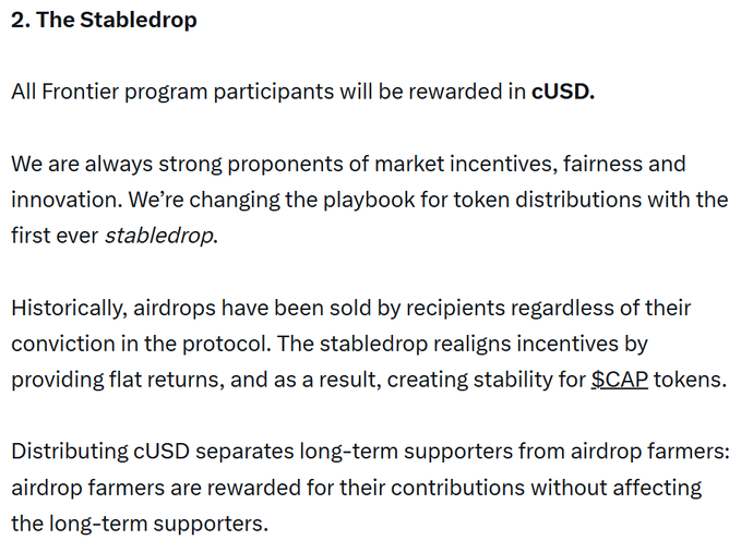 The image outlines a "Stabledrop" proposal to reward Frontier program participants in cUSD instead of $CAP tokens, framing it as a fair alternative to traditional airdrops that creates stability for $CAP. However, the accompanying post contradicts this, announcing that the stabledrop is cancelled due to a failed ICO, with no airdrop or cUSD distribution—only repayments to YT buyers who burned for points.