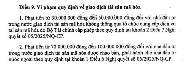 Vietnamese regulatory text from Article 9 regarding violations of cryptocurrency asset trading, outlining fines of 30-50 million VND and 70-100 million VND per Decree 05/2025/NQ-CP.
