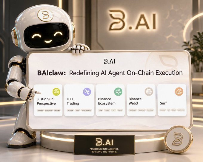 A futuristic white robot displays a presentation board for 'B.AI' and 'BAIclaw: Redefining AI Agent On-Chain Execution', featuring various web3 ecosystem categories.