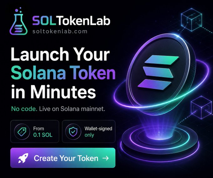 The image features a coin with a green and blue design that says "SolTokenLab" written on it, along with a purple background. The text at the bottom of the image reads "YOUR token live on Solana mainnet. No code. No CLI. No Rust. Just connect your wallet, set your details, and sign." This suggests that the coin is related to the SolTokenLab platform, which allows users to create their own tokens for various purposes such as digital assets or payments. The image also includes a button with three different options: "From", "0.1 SOLANDA TOKENLAB.COM", and "0.1 SOLANDA TOKEN-2022 support". These options provide information about how to create the token, including its source code and the platform it is hosted on.