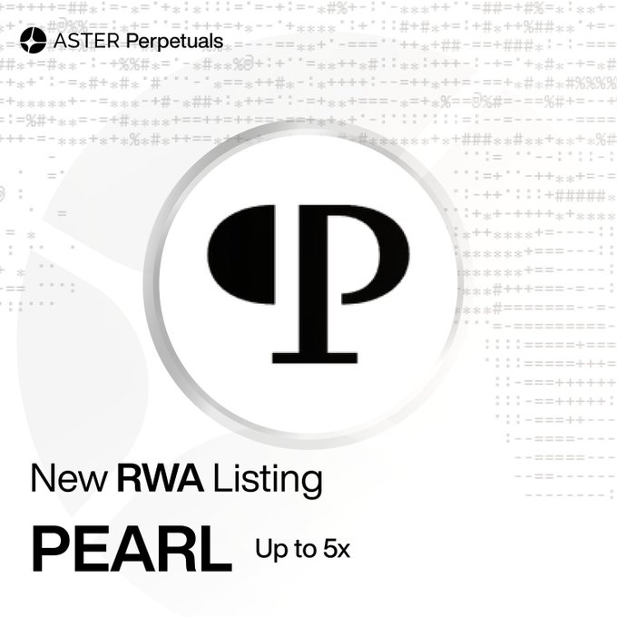 A promotional graphic for 'ASTER Perpetuals' announcing a 'New RWA Listing PEARL Up to 5x' featuring a stylized 'P' logo inside a silver circle on a background of faded code.