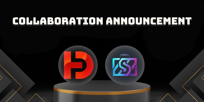 A collaboration announcement banner featuring the red "H" logo and a colorful "S" logo displayed on spherical platforms against a dark background.