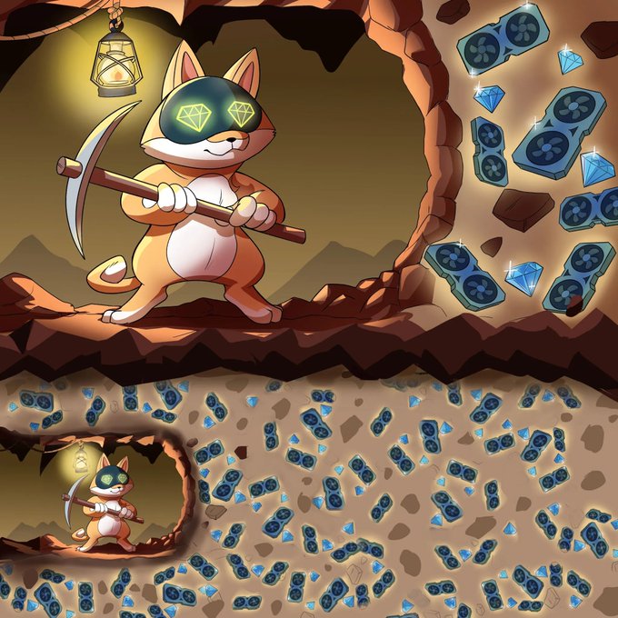 A cartoon cat miner wearing diamond-shaped goggles wields a pickaxe inside a glowing mine, with sparkling blue diamonds and mining tiles displayed prominently—symbolizing the rapid growth and accumulation of $NVDA tokens in the $AI pool and vault.