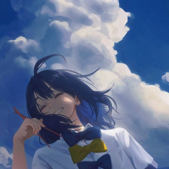 An anime-style girl with dark hair smiles with closed eyes while holding a paintbrush, set against a vivid blue sky with fluffy white clouds. The serene, dreamy image complements the post's calm, optimistic tone, visually echoing the message of starting a new day and approaching complex technology with a fresh, hopeful perspective.