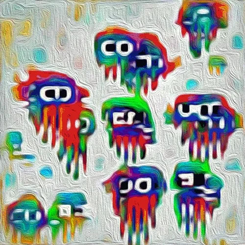 A vibrant, glitch-art style image features colorful dripping shapes with cartoonish eyes scattered across a textured, white background.