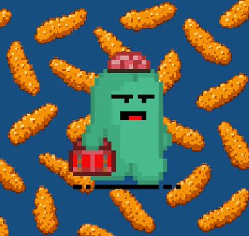 A pixel art image featuring a green character wearing a red cap and holding a red bucket of fried chicken, surrounded by floating chicken drumsticks on a blue background, which playfully illustrates the "chode" internet slang referenced in the post.