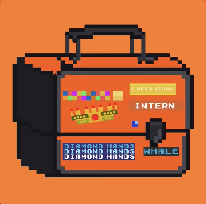 A pixel art image of an orange lunchbox-style briefcase with stickers reading 'I NEED STONK', 'INTERN', 'WHALE', and 'DIAMOND HANDS'.