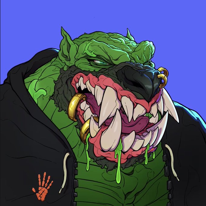 A stylized digital illustration of a menacing, monstrous crocodile or reptilian creature with sharp teeth, gold rings in its mouth, and green drool, wearing a black hoodie with a red handprint logo.