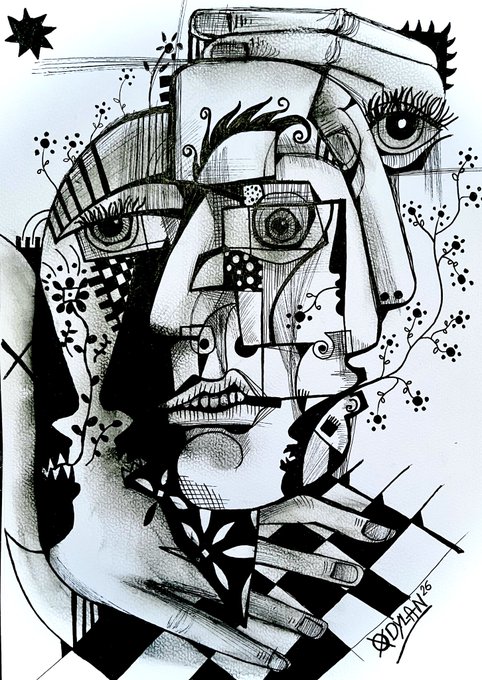 A black and white abstract cubist-style ink drawing of a fragmented face with multiple eyes and checkered patterns, signed 'Dylan '26' in the bottom right corner.