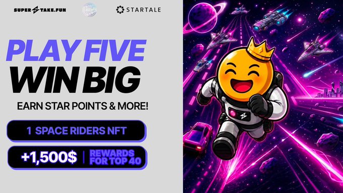 A promotional graphic advertises a "PLAY FIVE WIN BIG" challenge on SUPERSTAKE.FUN and Startale, offering 50 bonus STAR Points, 1 Space Riders NFT, and a share of a $1,500 prize pool for the top 40. The vibrant artwork features a joyful crowned emoji in an astronaut suit floating through a neon-lit cosmic scene with spaceships and planets, tying directly into the Space Runners NFT giveaway mentioned in the post.