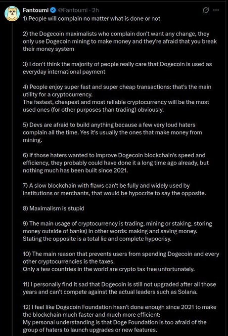 A screenshot of a Twitter/X post by @Fantoumi listing 12 numbered points about Dogecoin criticism, development stagnation, and the Dogecoin Foundation's inactivity since 2021.
