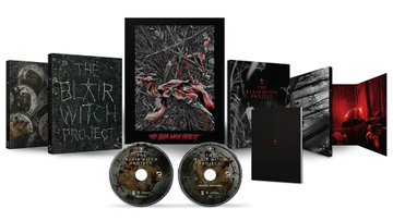 A collector's edition box set for 'The Blair Witch Project' featuring intricate dark artwork and two discs displayed in front.