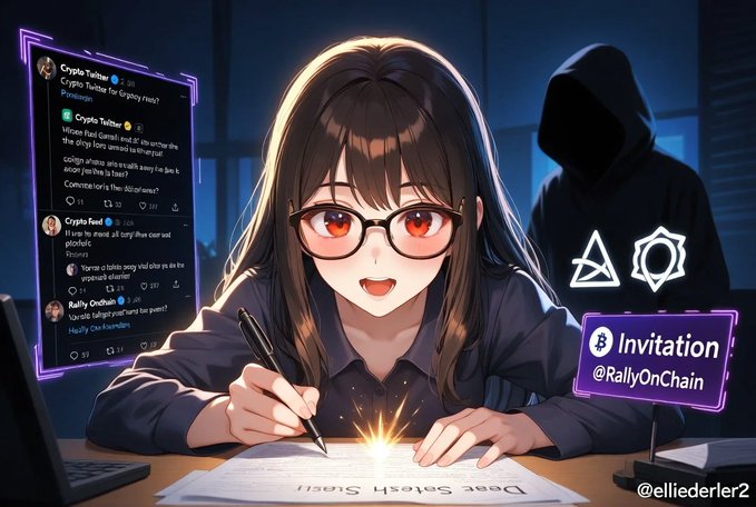 An anime girl with glasses and striking red eyes writes "Dear Satoshi" while a shadowy hooded figure and cryptocurrency symbols loom behind her, with a crypto Twitter thread questioning Satoshi Nakamoto's disappearance and an invitation to "@RallyOnChain" floating nearby.