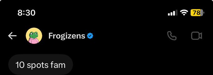 A screenshot of a Twitter/X DM at 8:30 showing a conversation with the verified account "Frogizens" containing the message "10 spots fam," which corresponds to the post about sharing 10 free mint spots for an NFT drop via EVM wallet.