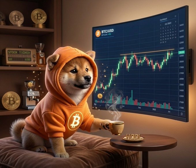 A Shiba Inu dog wearing an orange Bitcoin hoodie sits on a cushion holding a coffee mug, with a screen behind displaying a BTC/USD candlestick chart and Bitcoin-themed coins on a shelf.