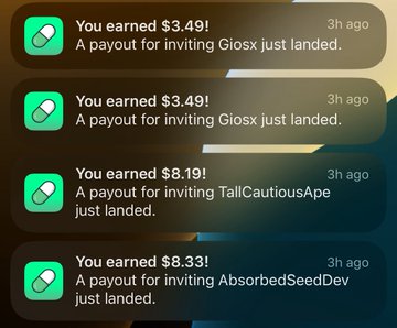 A phone notification screen displays multiple earnings alerts totaling over $23, including $3.49 from "Giosx," $8.19 from "TallCautiousApe," and $8.33 from "AbsorbedSeedDev," serving as proof of successful referral payouts from the Pump.fun platform.