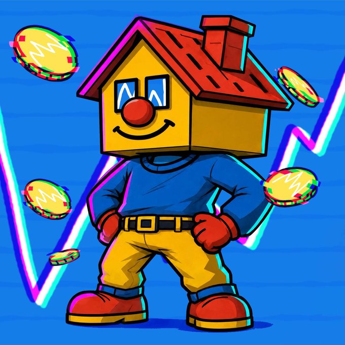 A cartoon illustration of a smiling house-headed character wearing a blue shirt and yellow pants, surrounded by floating meme coins and a glowing chart line.