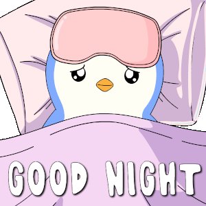 The image features a cartoon penguin wearing a pink sleep mask lying down on a bed with purple sheets. The text "Good night" is written above the penguin, indicating that it's time for bedtime. The overall scene suggests a cozy atmosphere as the penguin prepares to rest and enjoy a good night's sleep.