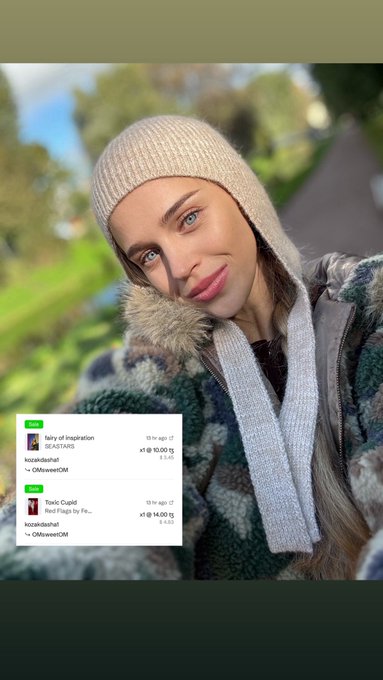A young woman wearing a beige knit beanie and a plaid fur-hooded jacket poses outdoors, with a shopping receipt overlay showing Amazon purchases including 'Fairy of Inspiration' and 'Toxic Cupid' totaling $18.20