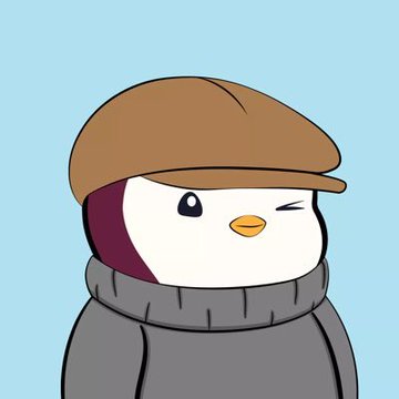 A cute cartoon penguin character wearing a brown newsboy cap and a gray turtleneck sweater, winking against a teal background.