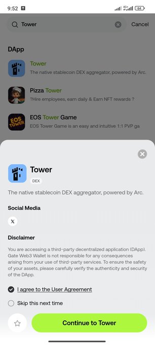 The image shows a mobile screen displaying the Tower DApp page on GateWeb3 Wallet, with the caption "Continue to Tower" prominently highlighted in green at the bottom. It also features a user agreement checkbox confirming the disclaimer that "Gate Web3 Wallet is not responsible for any consequences arising from your use of third-party services," illustrating how users can access Tower's stablecoin DEX aggregator directly through the Gate Web3 interface.