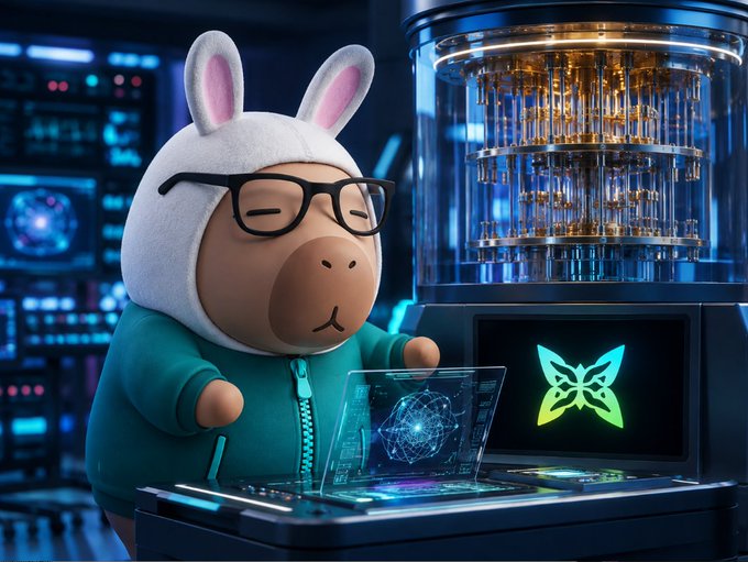 A 3D-rendered character wearing a bunny hat and glasses stands at a computer console in a futuristic tech room, with a quantum computing device and a butterfly logo on the screen.