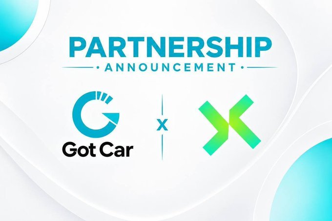 A partnership announcement graphic displaying the text 'PARTNERSHIP ANNOUNCEMENT' alongside the logos for 'Got Car' and an unidentified green 'X' brand.