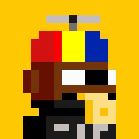 A pixel art image shows a character with a yellow propeller hat featuring red, yellow, and blue stripes against a yellow background. The quirky NFT-style artwork plays into the post's speculative tone about the artwork potentially being a lucky find.