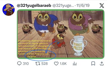 The image shows a tweet from @321yugelbaraeb dated 11/6/19 featuring a meme of three cartoon owls on a wooden floor surrounding a "VILLAGE PEOPLE" trophy, with overlaid text comparing 2020 winners/losers to the 1988 song "Y.M.C.A." that has gained 1.6K likes.

The tweet's cryptic post ("Christmas 8/31 New Year 9/11 EOY 2018 Ethiopian") appears to be unrelated filler or coded text, not directly tied to the owl meme content which humorously categorizes people using a classic disco song reference.