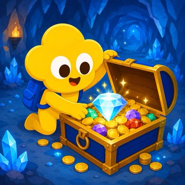 A cartoon yellow character with a backpack discovering a treasure chest full of gold coins and colorful gems in a blue cave setting.