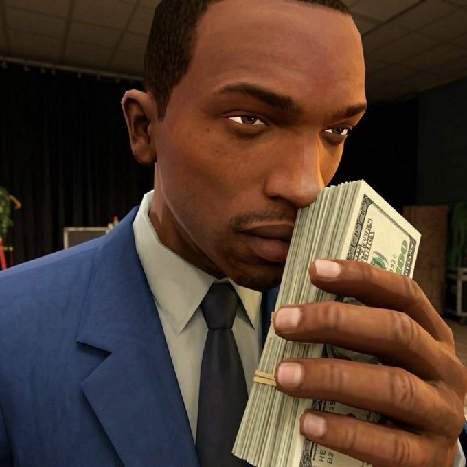 A 3D-rendered man in a blue suit holds a thick stack of hundred-dollar bills close to his face, exuding a confident, money-focused vibe that matches the bullish "gm frens let's win" energy of the post.
