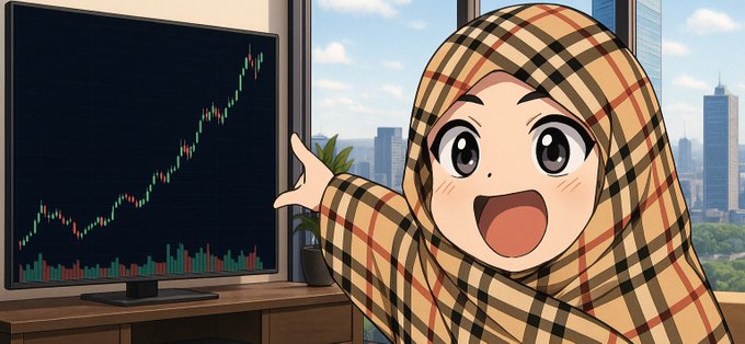 An anime-style illustration of an excited character in a checkered hood pointing at a monitor displaying a rising stock chart.