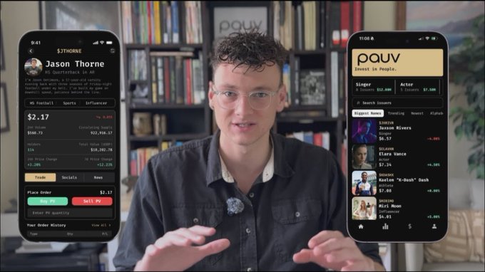 A YouTube-style thumbnail featuring a man speaking between two mockups of the 'Pauv' app; the left screen shows a profile for 'Jason Thorne' and the right displays athlete tokens for Singge and Actor.