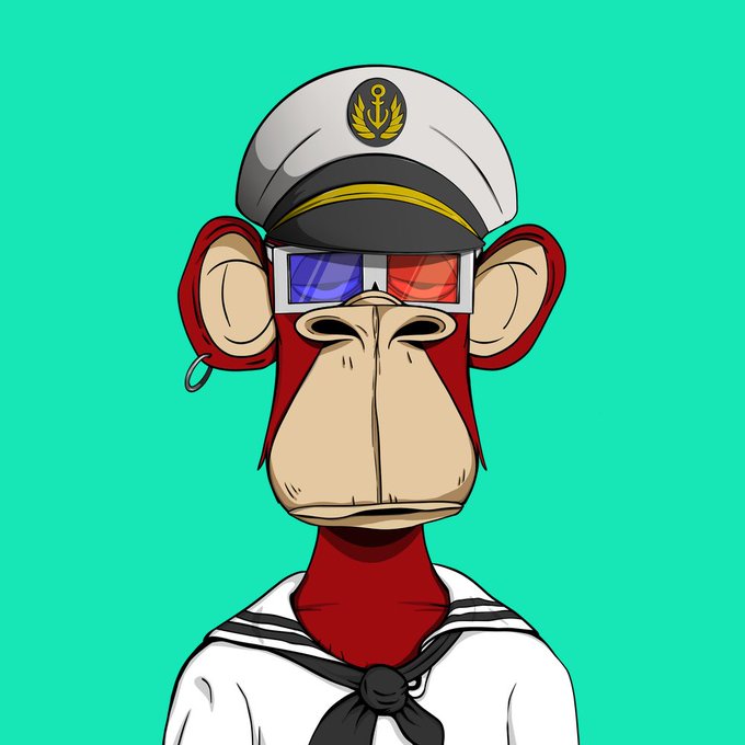 A cartoon illustration of a Bored Ape-style monkey dressed in a sailor outfit, wearing a white captain's hat with an anchor emblem and 3D glasses, set against a bright green background.