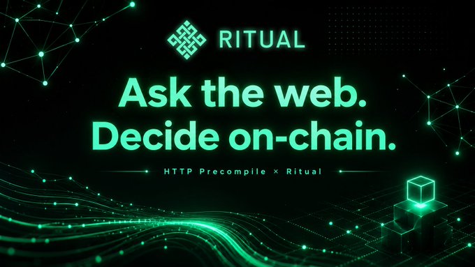 A dark promotional graphic for RITUAL featuring the text 'Ask the web. Decide on-chain.' and 'HTTP Precompile x Ritual' over a glowing green network background.