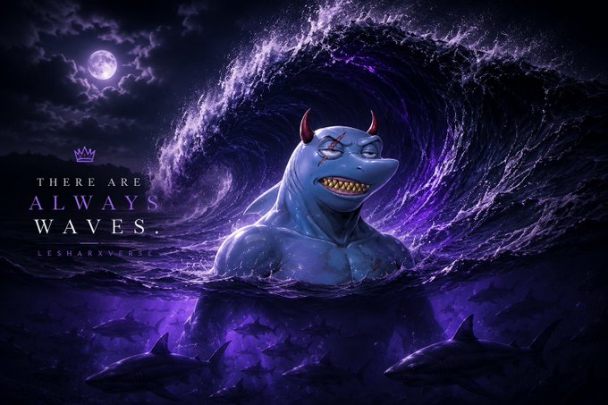 A fantasy digital artwork of a menacing blue shark-humanoid creature emerging from purple waves under a full moon, with text reading 'THERE ARE ALWAYS WAVES' and the handle 'LESHARXXVERSE'.