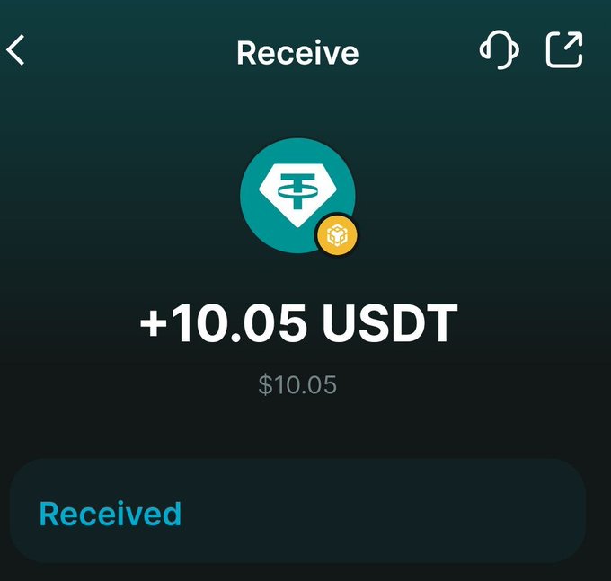 A mobile wallet 'Receive' screen showing a successful transaction of +10.05 USDT with a 'Received' confirmation button.