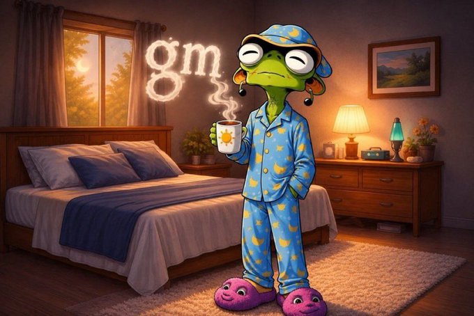 A 3D-rendered illustration of a green frog character wearing blue pajamas with a moon pattern, a sleeping cap, and purple slippers stands in a bedroom holding a steaming mug next to glowing 'gm' text.