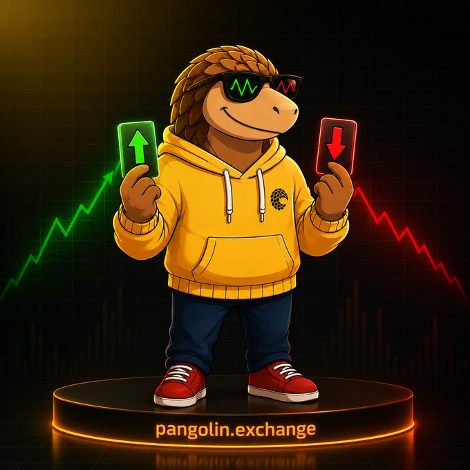 A cartoon pangolin mascot wearing a yellow hoodie and sunglasses holding a green up-arrow phone and red down-arrow phone, with the text 'pangolin.exchange' displayed on a pedestal.