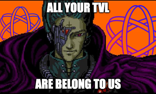 The image features a cartoon character with a purple cape, wearing a black outfit that includes a face mask or skull design. The character appears to be a male, possibly a superhero or a character from an anime series. In the background of the image, there are orange lines and arrows, which could represent the XPR Network logo. The caption below the image reads: "All your Tvl are belong to us".