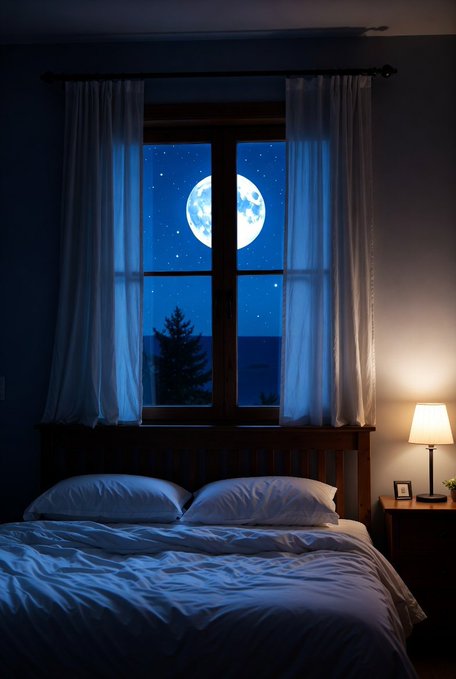 A dimly lit bedroom scene features a bed with white linens beneath a window framing a large full moon, with a warm lamp glowing on a bedside table.